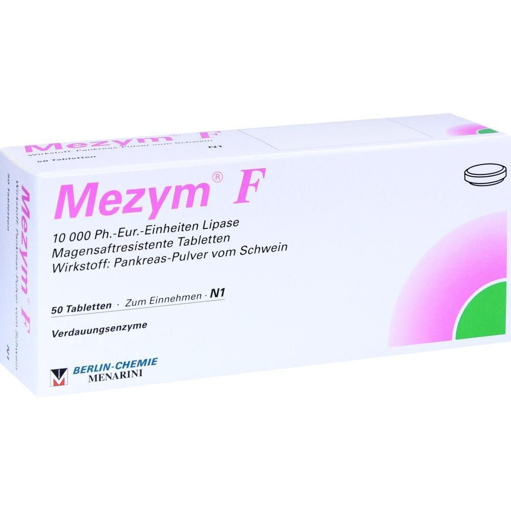 Verpackung von Mezym F Tabletten f&uuml;r die Verdauung, mit pinkem und gr&uuml;nem Design.