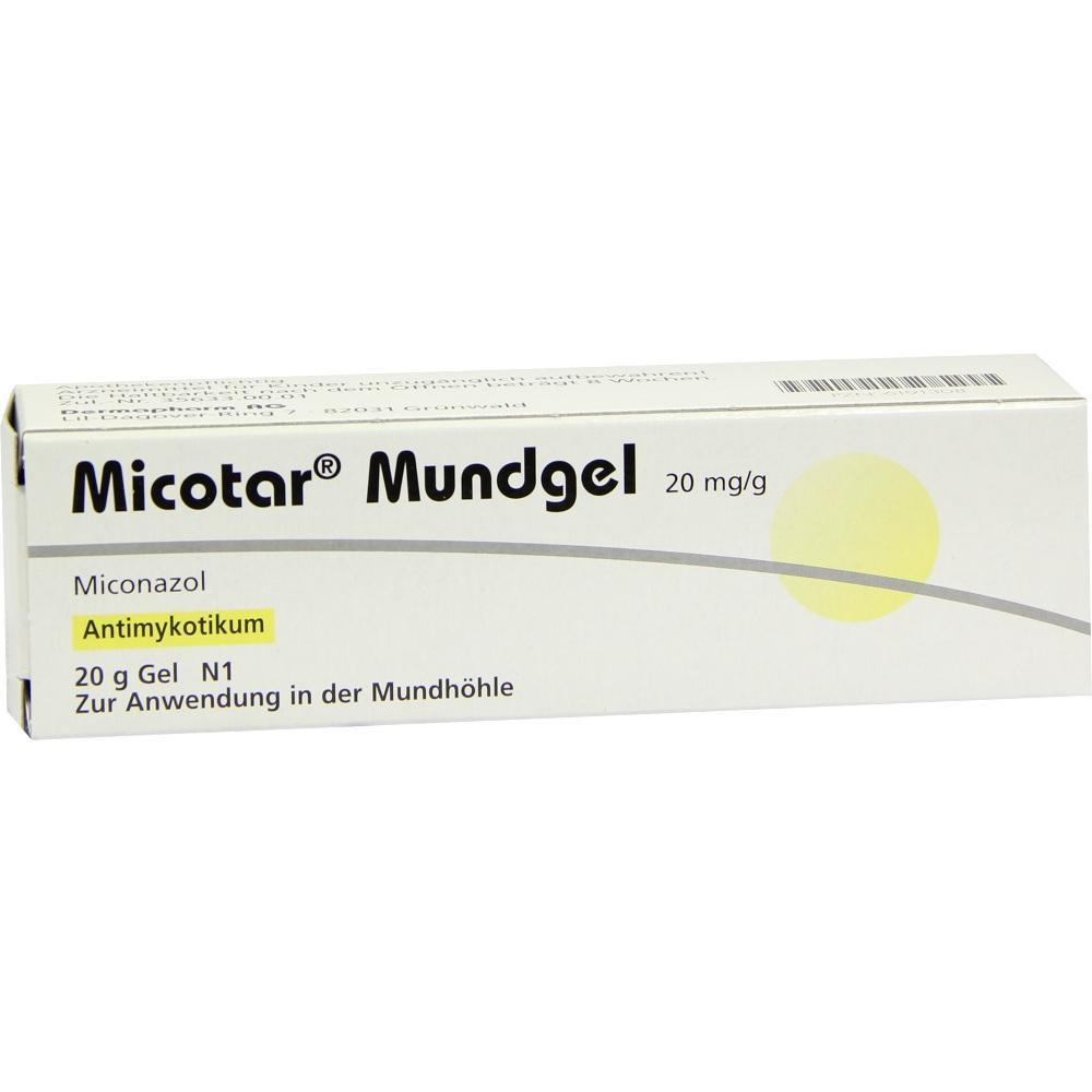 Wei&szlig;e Schachtel eines Mundgels mit der Aufschrift "Micotar Mundgel".