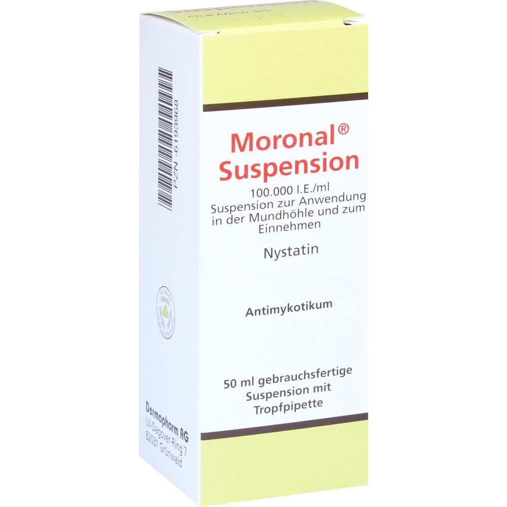 Gelbe und weiße Arzneimittelverpackung mit Aufschrift "Moronal Suspension".