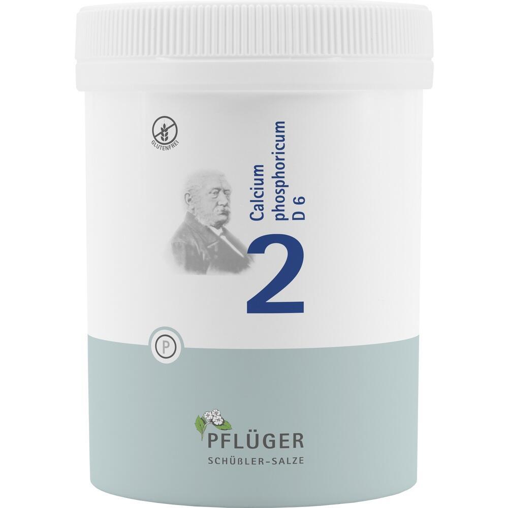 Weißes Behältnis mit Aufschrift "Calcium phosphoricum D6" und der Zahl 2.