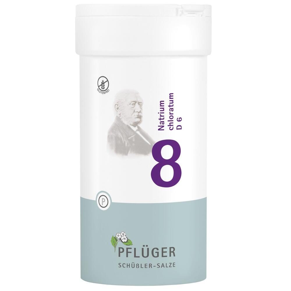 Weiße Dose mit der Aufschrift "Natrium chloratum D6" und der Zahl 8.