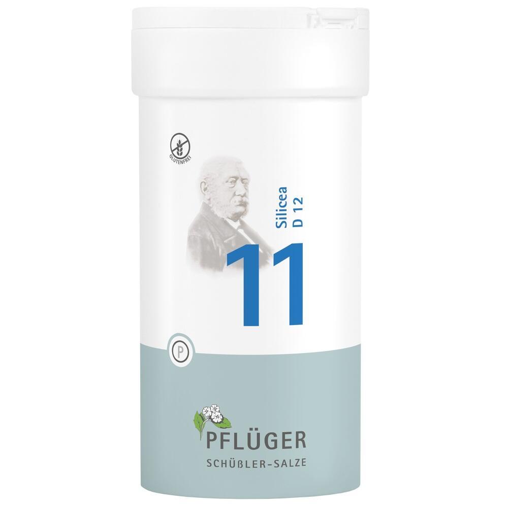 Weiße Verpackung von "Pflüger Schüßler-Salze" mit der Nummer 11 und Schrift "Silicea D12".
