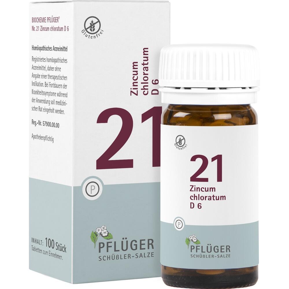 Ein weißer Karton und ein Glasfläschchen mit der Aufschrift "21 Zincum chloratum D 6".