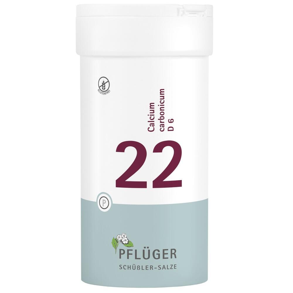 Eine weiße Dose mit der Aufschrift "22 Calcium carbonicum D6".