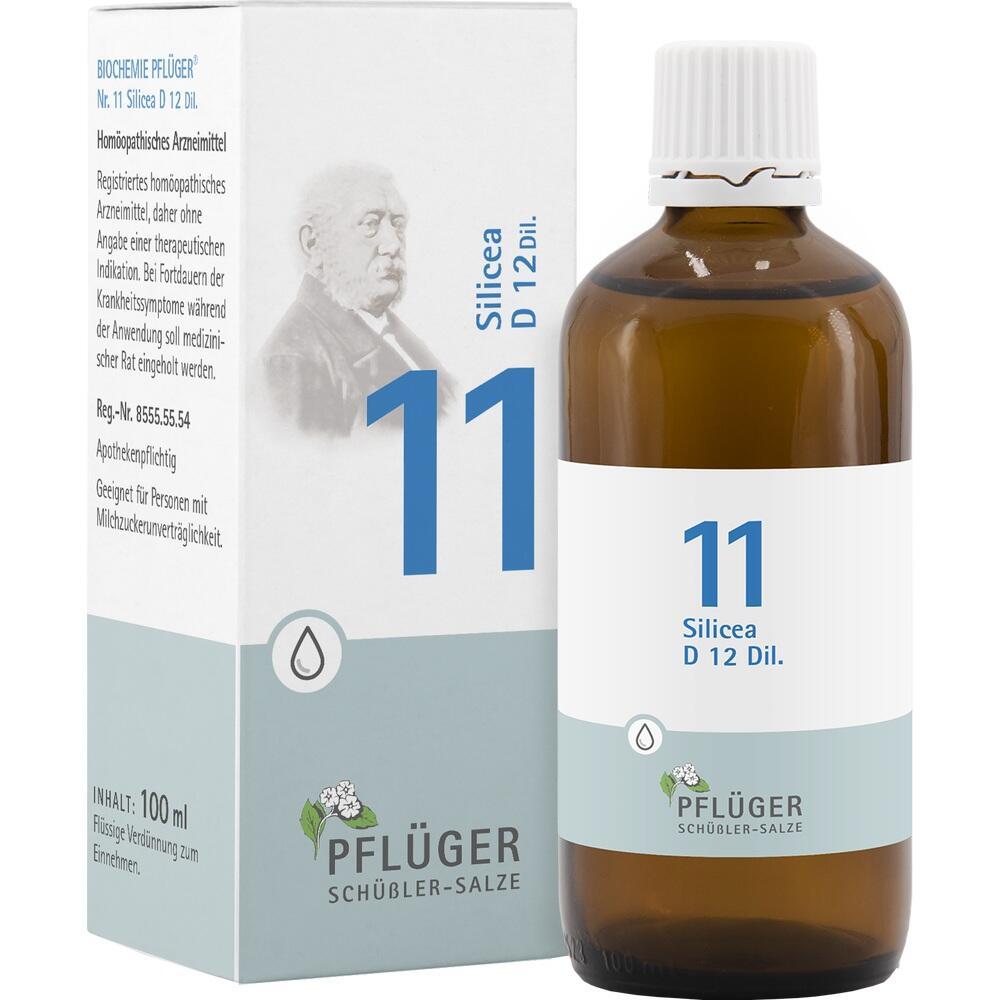 Braune Flasche neben weißer Verpackung von "Pflüger Schüßler-Salze Nr. 11".