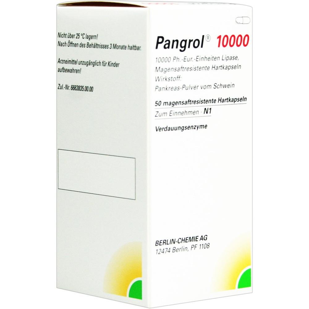 Eine wei&szlig;e Medikamentenverpackung mit der Aufschrift "Pangrol 10000".