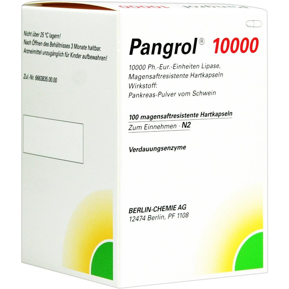Eine Verpackung des Medikaments "Pangrol 10000" mit magensaftresistenten Kapseln.