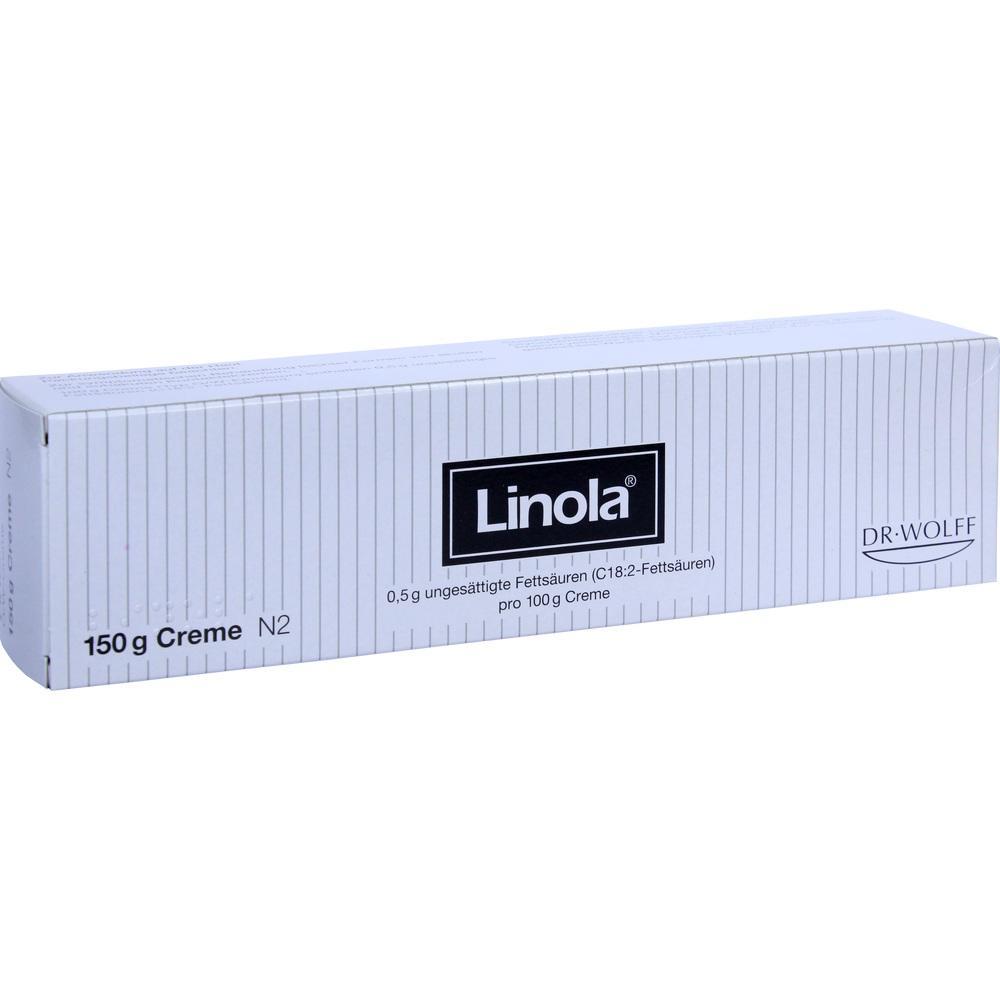 Eine weiße Creme-Packung mit dem Namen "Linola" auf der Vorderseite.