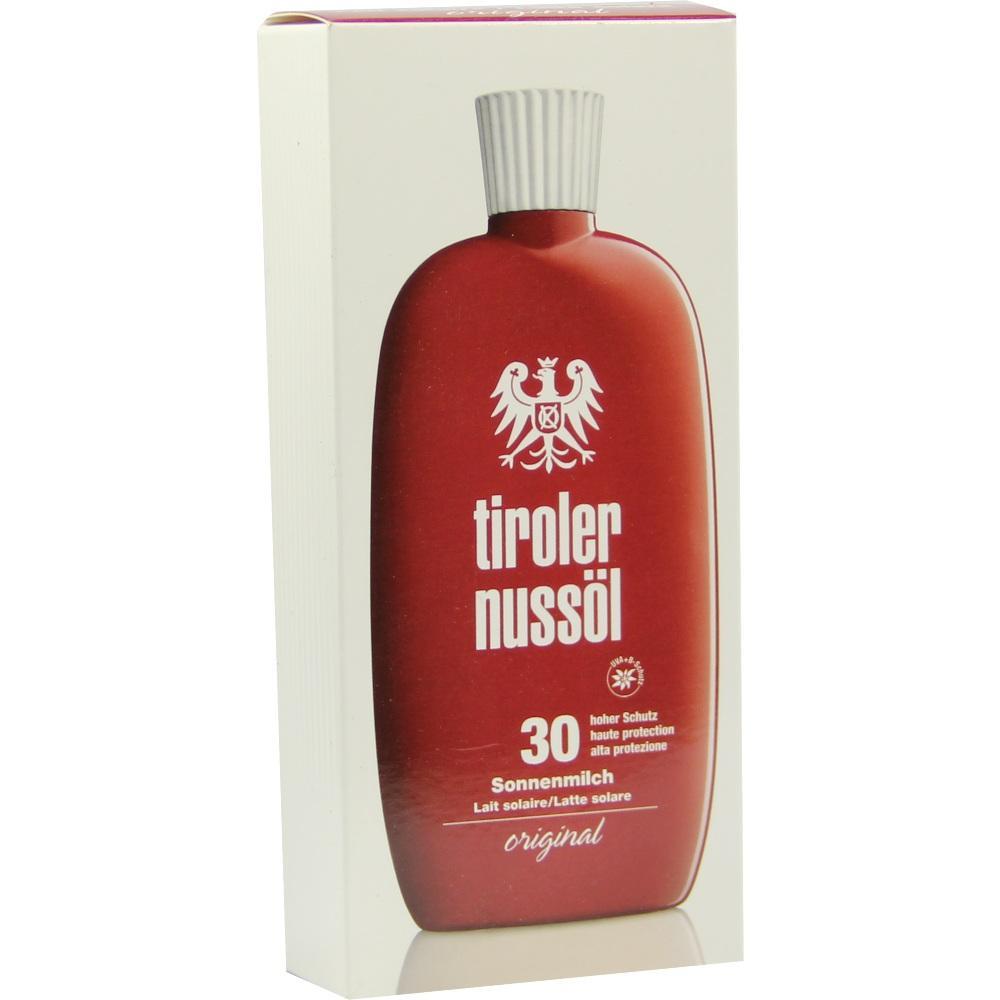 Rote Flasche "Tiroler Nuss&ouml;l" mit Sonnenschutzfaktor 30.