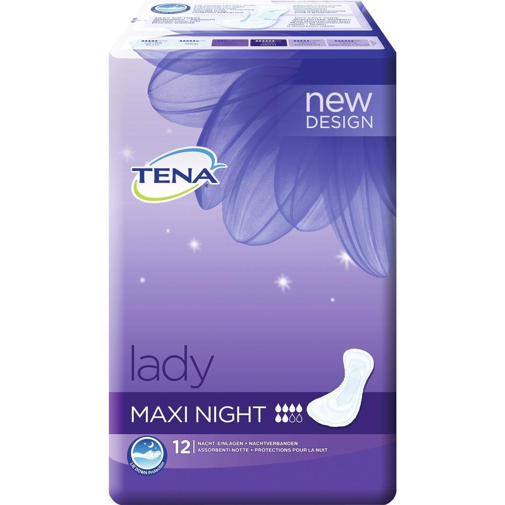 Lila Verpackung von Tena Damen-Nachteinlagen, Maxi Night, neues Design, 12 Stück.