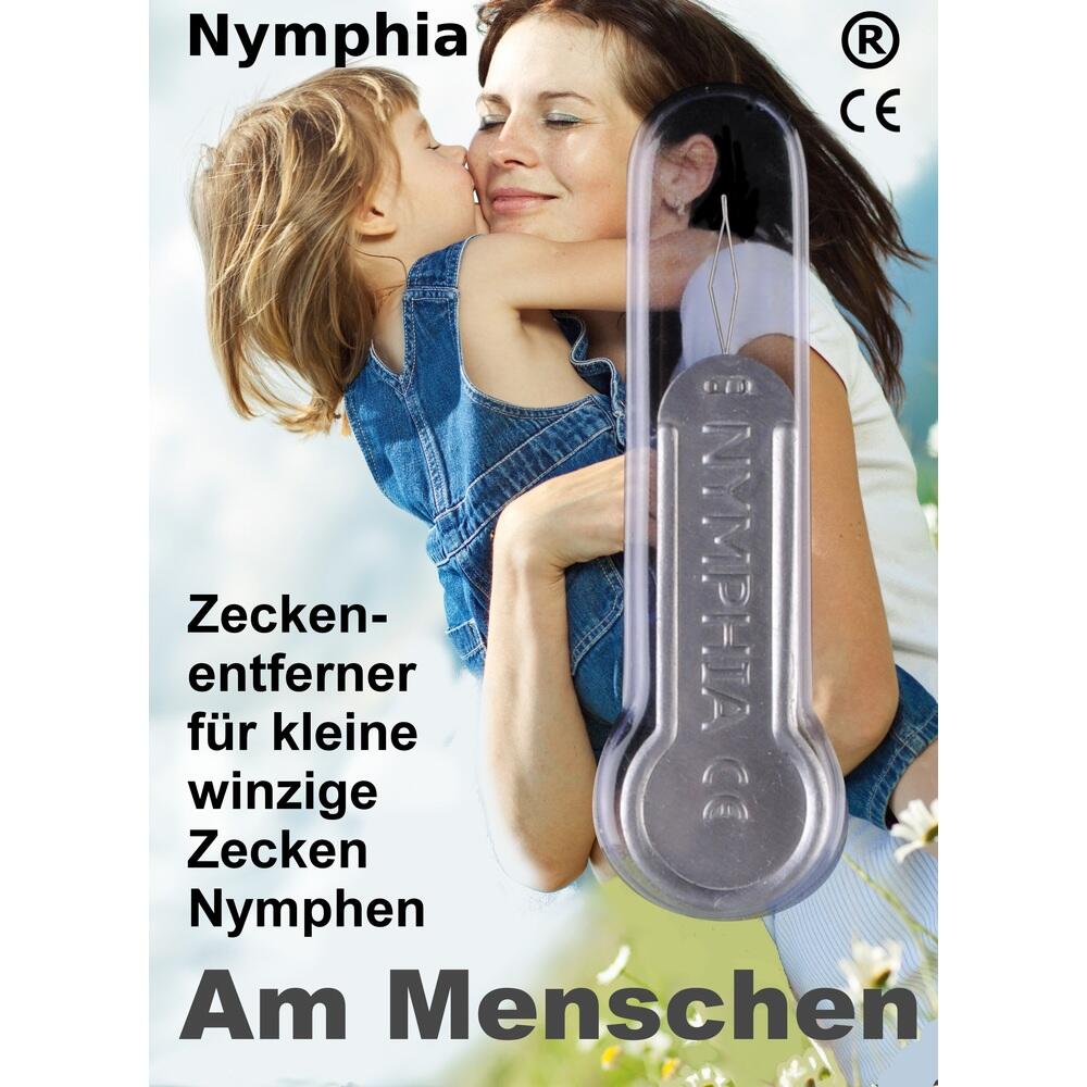 Frau h&auml;lt Kind, daneben ein Zeckenentfernungswerkzeug abgebildet.