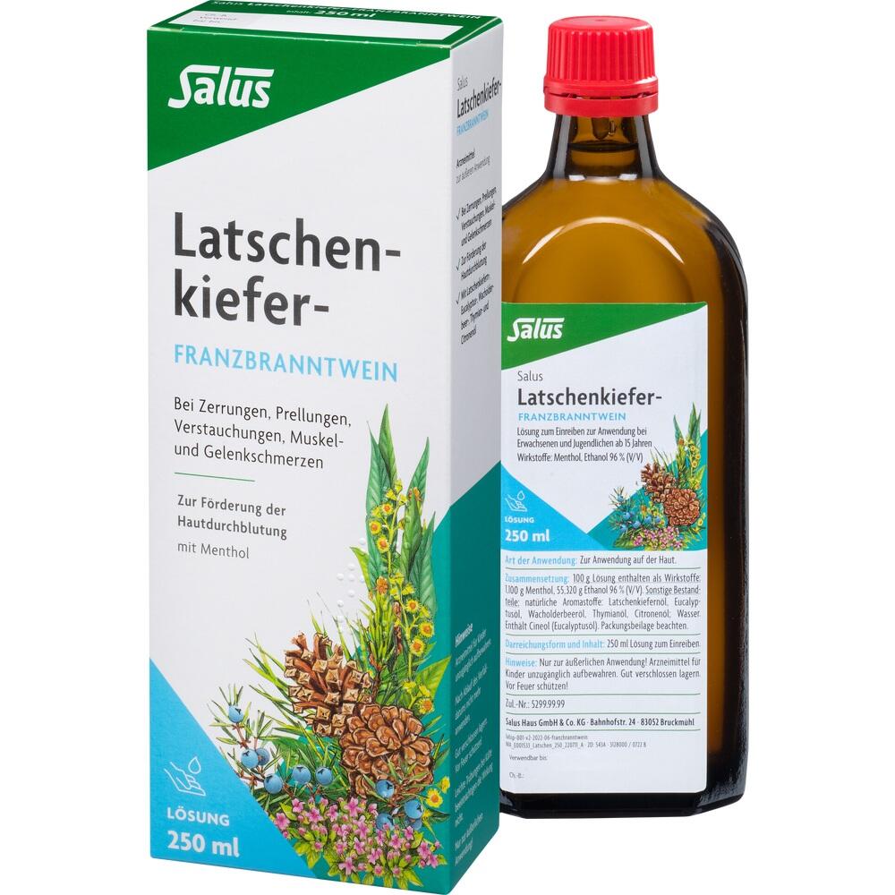 Braune Flasche und weißer Karton von Latschenkiefer Franzbranntwein zur Schmerzlinderung.