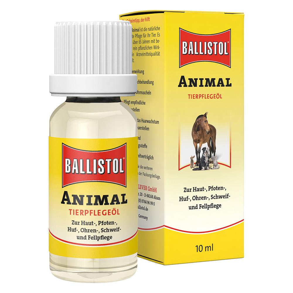 Kleine Flasche Ballistol Tierpflegeöl mit gelber Verpackung und Tierbildern darauf.