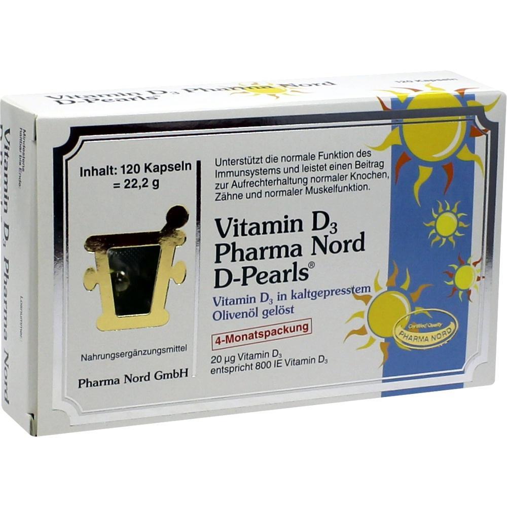 Eine Packung mit Vitamin D3-Kapseln von Pharma Nord, 120 St&uuml;ck.