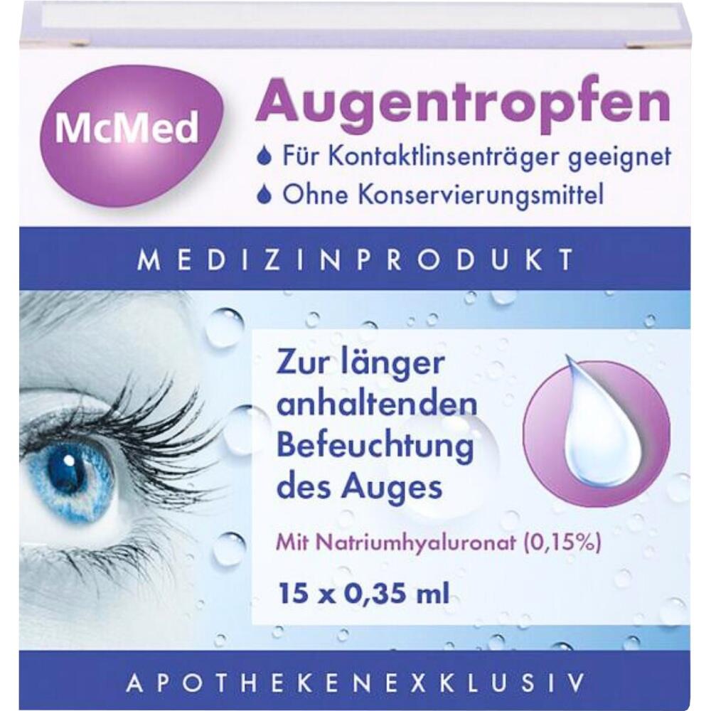 Verpackung von Augentropfen f&uuml;r die Befeuchtung der Augen, geeignet f&uuml;r Kontaktlinsen.