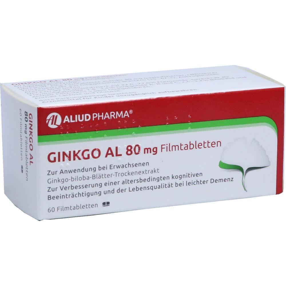 Eine Schachtel Ginkgo AL 80 mg Filmtabletten von Aliud Pharma.