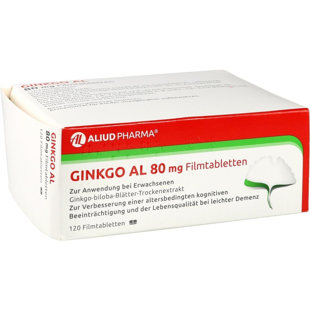 Eine Packung mit Ginkgo AL 80 mg Filmtabletten.