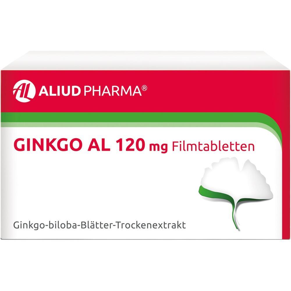 Verpackung von Ginkgo-Tabletten mit 120 mg von Aliud Pharma, zeigt ein gr&uuml;nes Blatt.