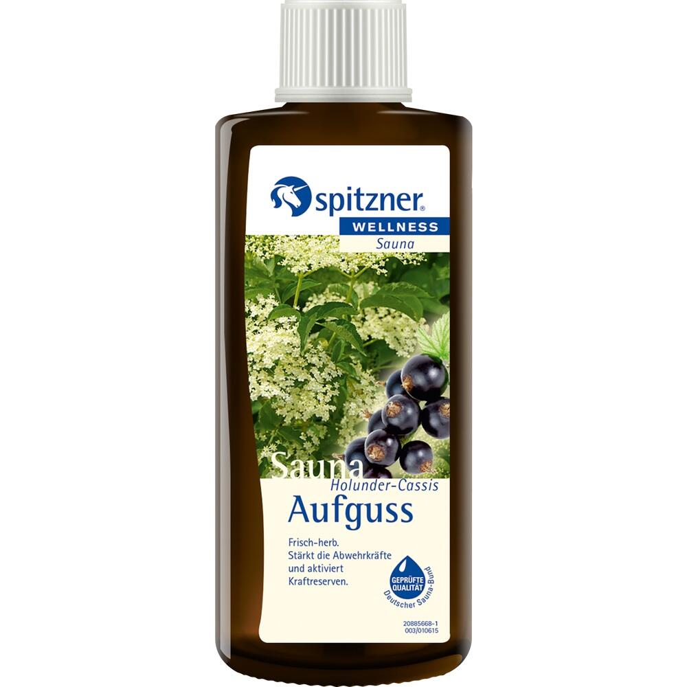 Braune Flasche mit Sauna-Aufguss, Holunderbl&uuml;ten und schwarzen Beeren auf dem Etikett.