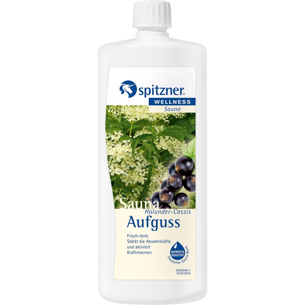 Eine wei&szlig;e Flasche mit Sauna-Aufguss in Holunder-Cassis-Geschmack.