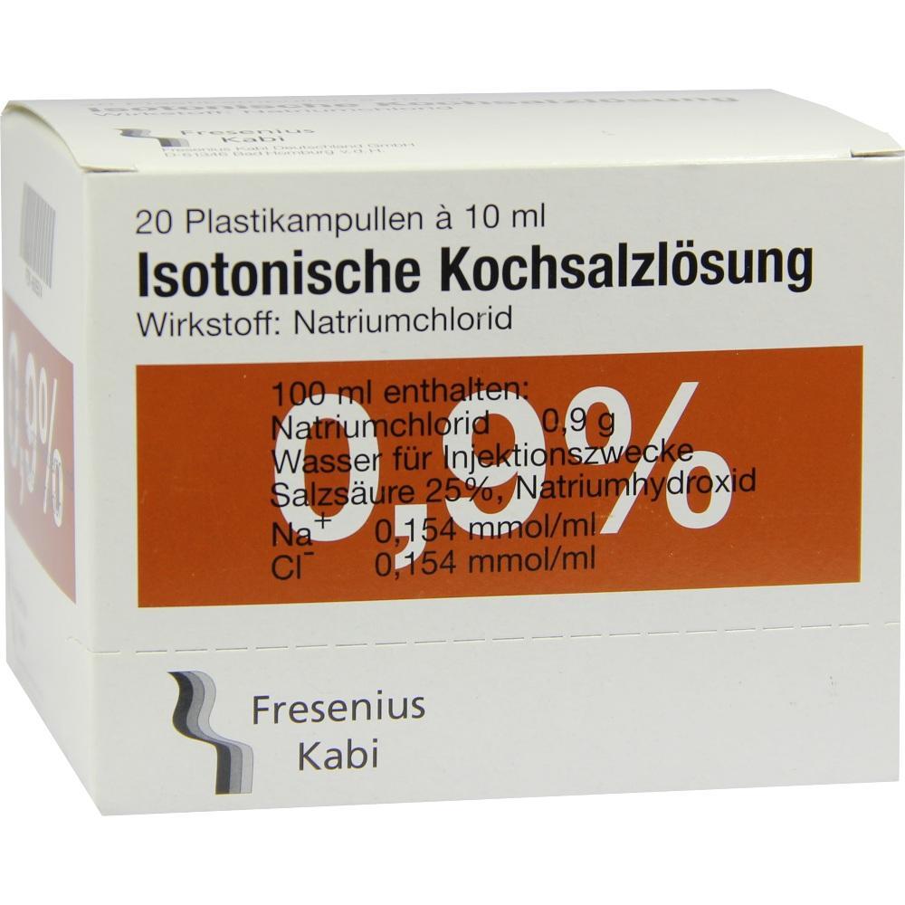 Wei&szlig;e Verpackung mit Aufschrift &bdquo;Isotonische Kochsalzl&ouml;sung 0,9%&ldquo; von Fresenius Kabi.