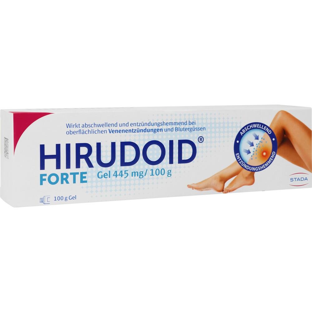 Eine Hirudoid Forte Gel-Packung zur Behandlung von Venenentzündungen und Blutergüssen.