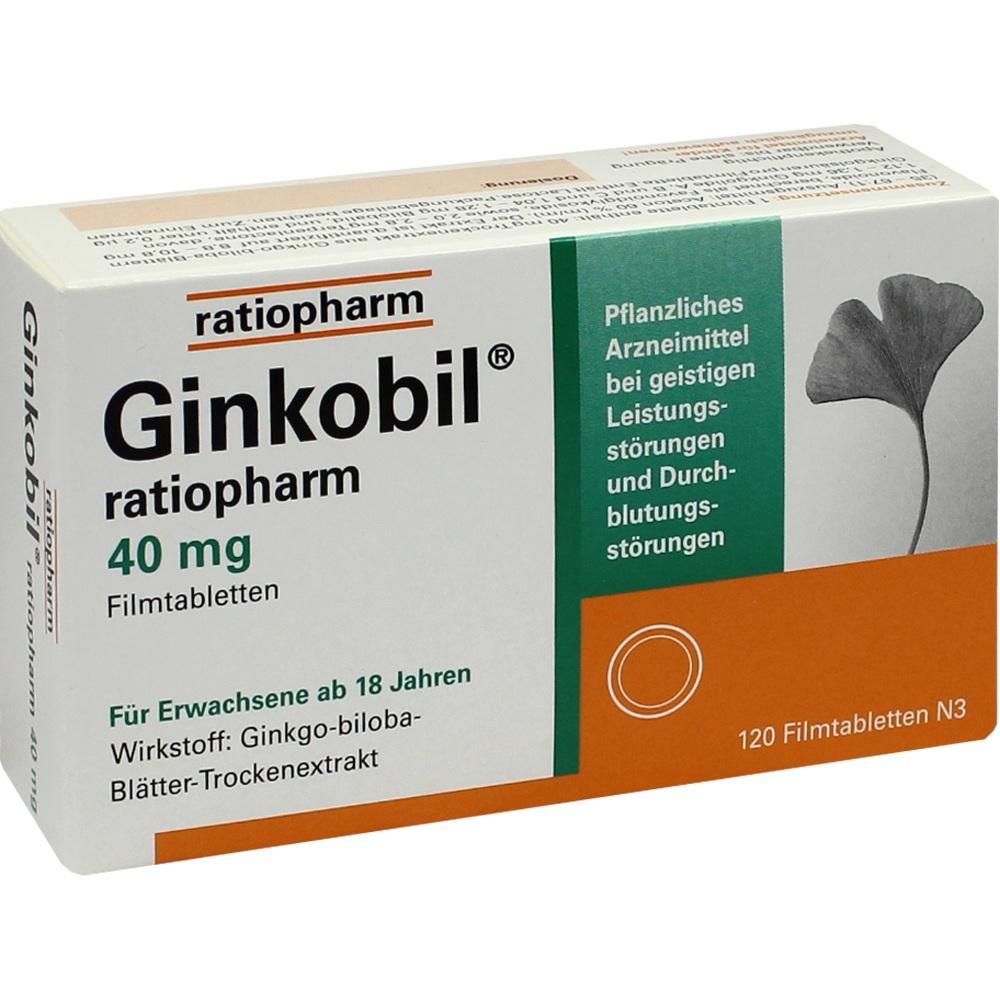 Eine Packung Ginkobil-Tabletten von Ratiopharm mit 40 mg für Erwachsene.