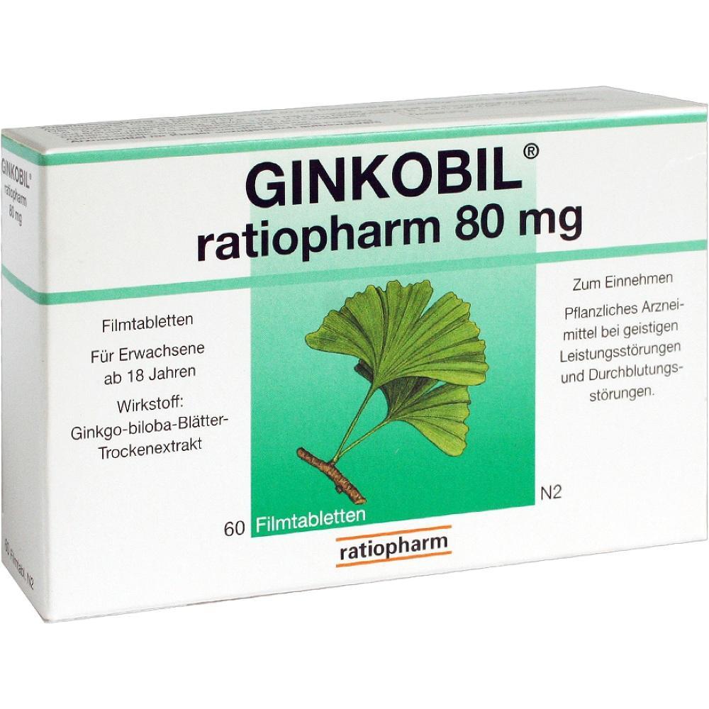 Schachtel mit Ginkobil-Tabletten von Ratiopharm zur Unterstützung der Durchblutung.
