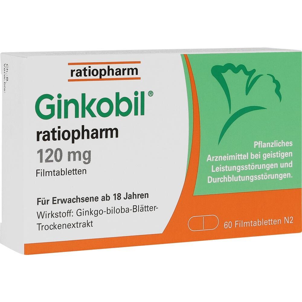 Verpackung von Ginkobil Filmtabletten mit 120 mg für Erwachsene ab 18 Jahren.
