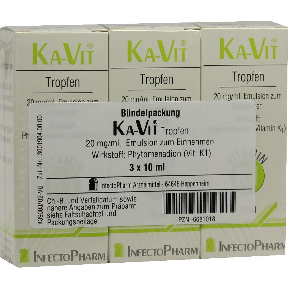 Packung mit drei Flaschen Ka-Vit-Tropfen zur Einnahme.