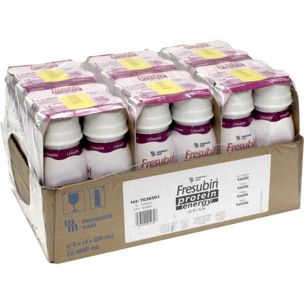 Eine Packung mit zw&ouml;lf Flaschen Fresubin Protein Energy Drink, Vanille-Geschmack.