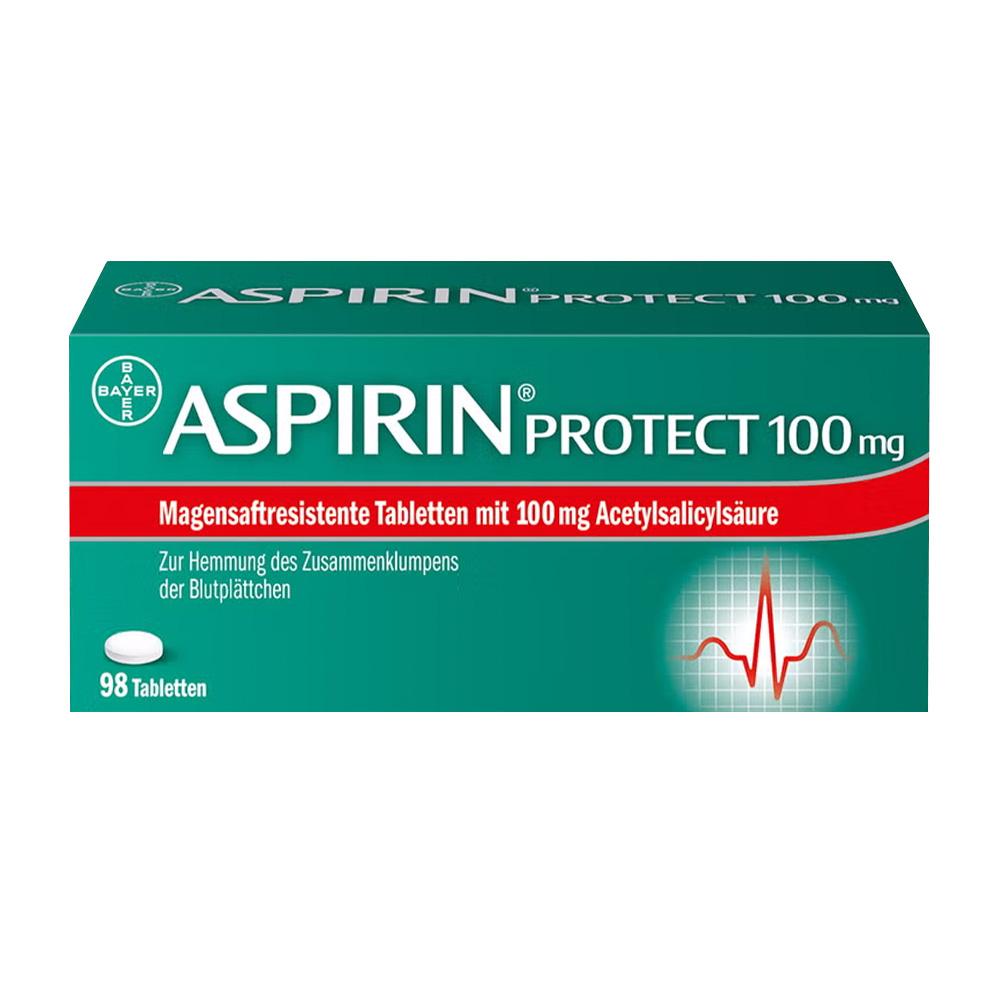 Grüne Verpackung von Aspirin Protect 100 mg mit 98 Tabletten.