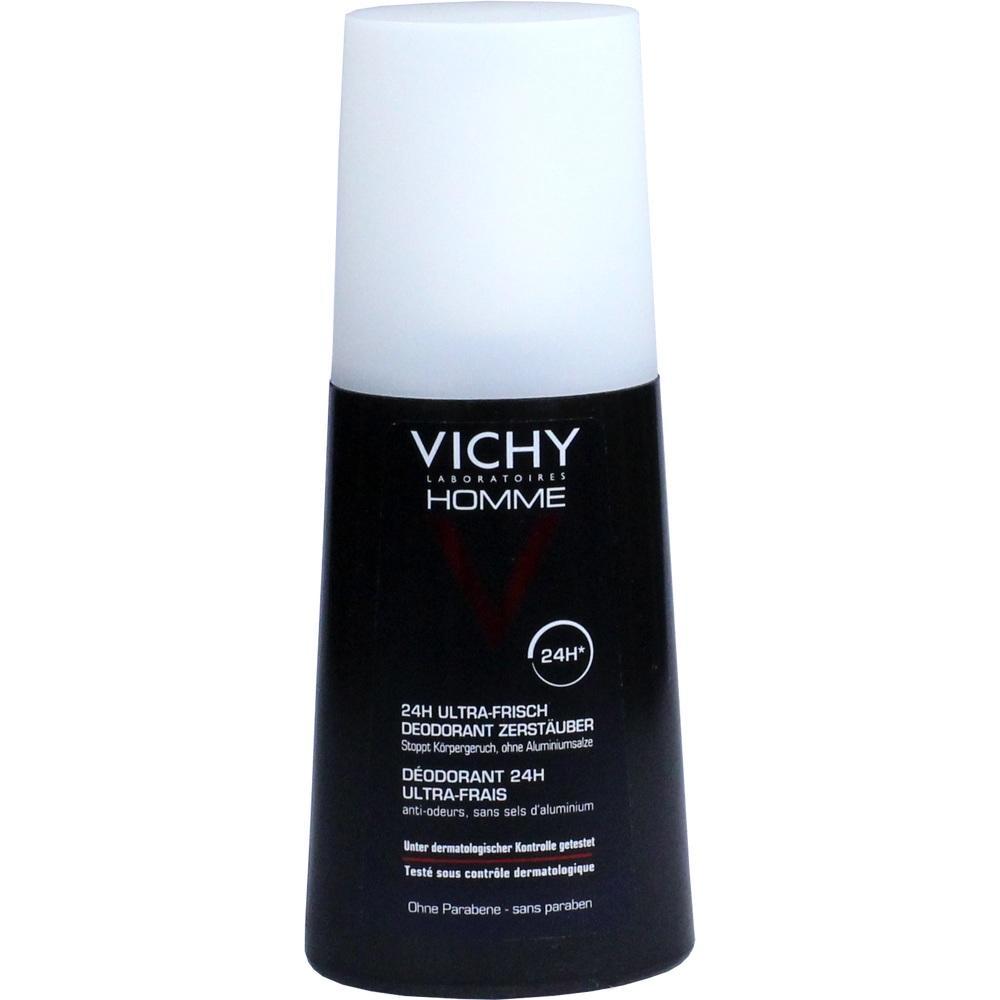 Schwarzes Deodorant-Spray mit weißem Deckel, Marke Vichy Homme, für 24 Stunden Frische.