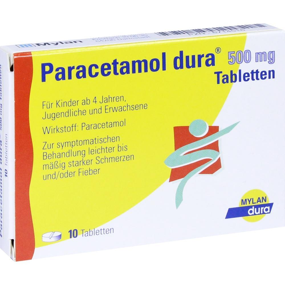 Gelbe Packung Paracetamol-Tabletten für Kinder und Erwachsene, 500 mg, 10 Stück.