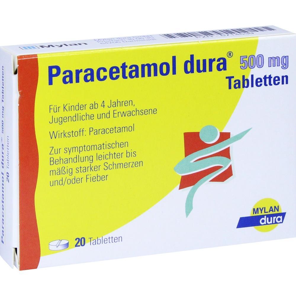 Schachtel mit Paracetamol-Tabletten zur Schmerzlinderung und Fiebersenkung.