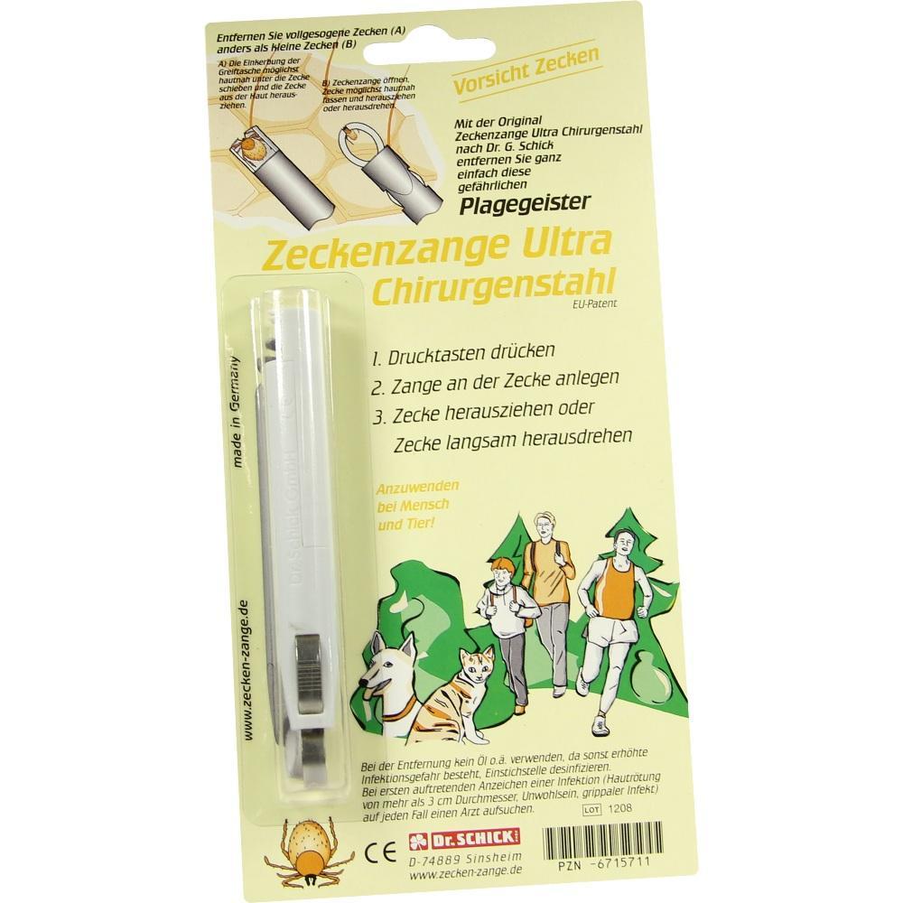 Verpackung einer Zeckenzange mit Anleitung zum Entfernen von Zecken bei Menschen und Tieren.