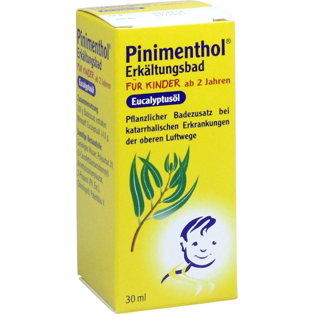 Gelbe Verpackung von Pinimenthol Erk&auml;ltungsbad f&uuml;r Kinder mit Eukalyptus&ouml;l, 30 ml.