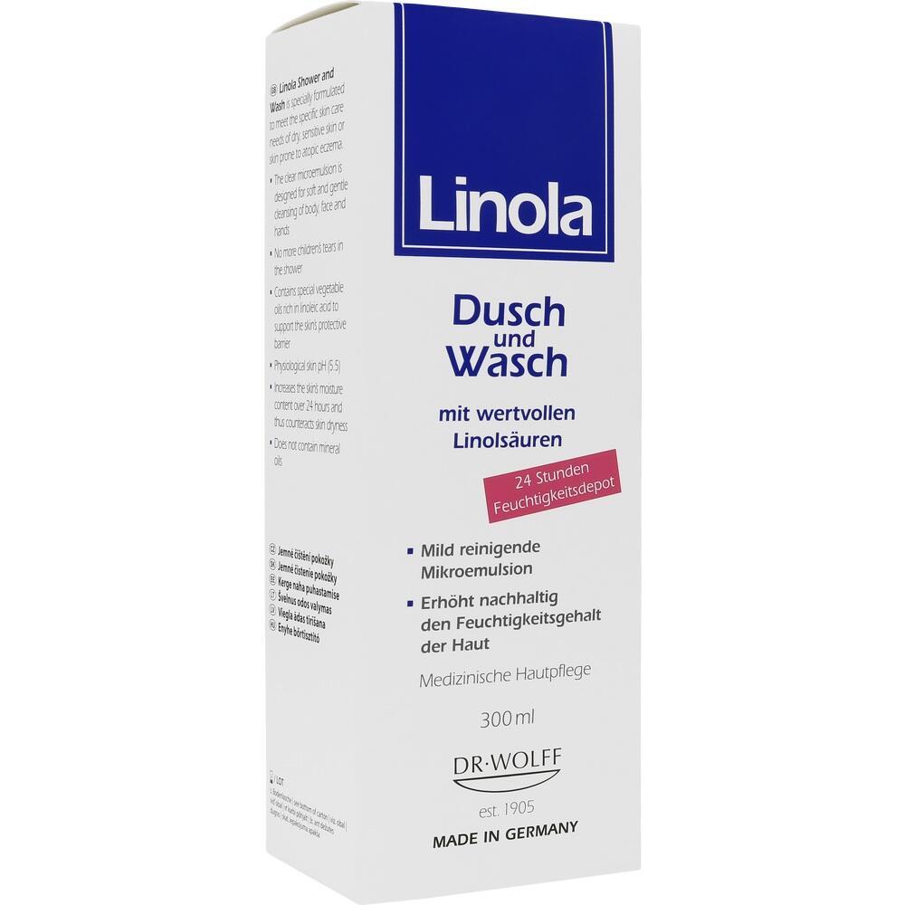 Weiße Verpackung von "Linola Dusch und Wasch" mit blauer und magenta Schrift.