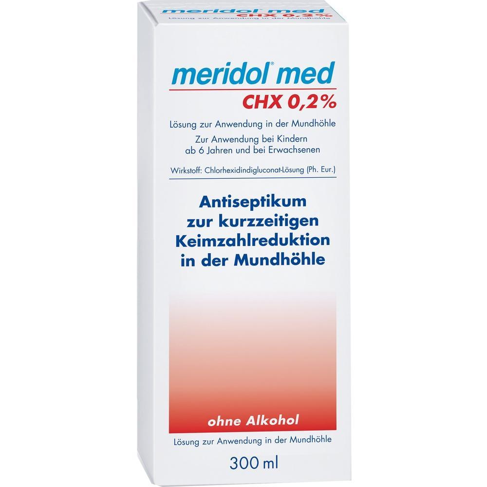 Wei&szlig;e Verpackung einer Mundsp&uuml;ll&ouml;sung mit blauem und rotem Text.