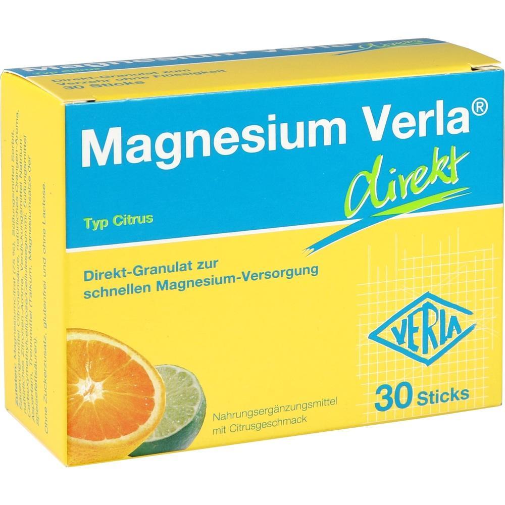 Gelbe und blaue Verpackung von Magnesium-Verla Granulat mit Citrusgeschmack.