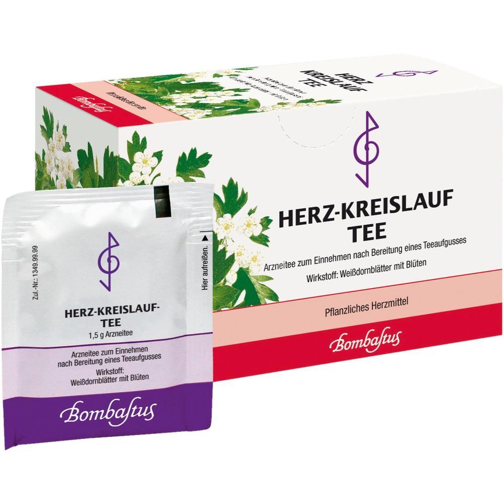 Eine Packung und ein Teebeutel Herz-Kreislauf-Tee mit Weißdornblättern.