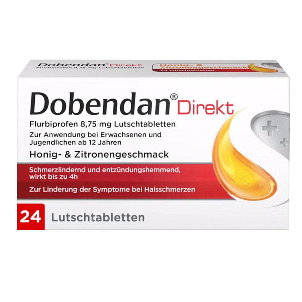 Eine Packung Dobendan Lutschtabletten für Halsschmerzen mit Honig-Zitronen-Geschmack.
