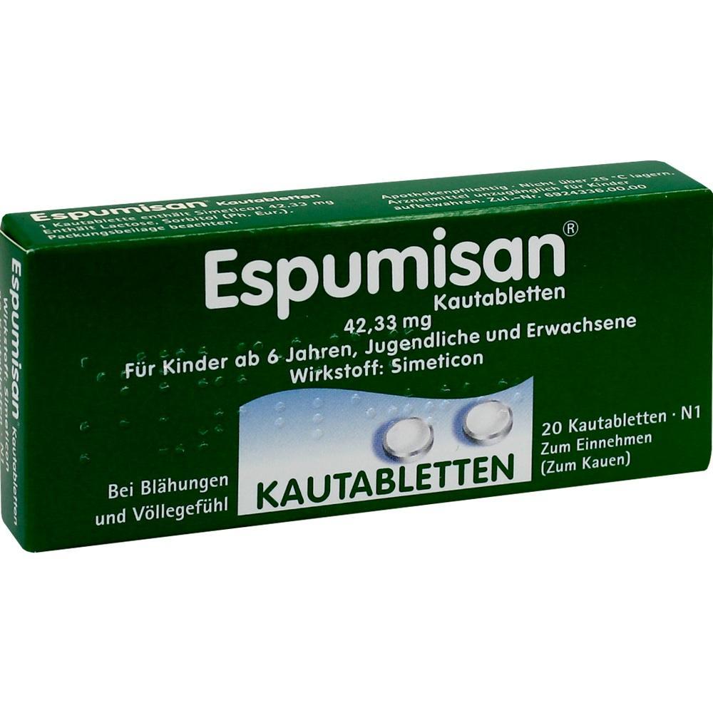 Gr&uuml;ne Packung Espumisan Kautabletten gegen Bl&auml;hungen, geeignet f&uuml;r Kinder ab 6 Jahren.
