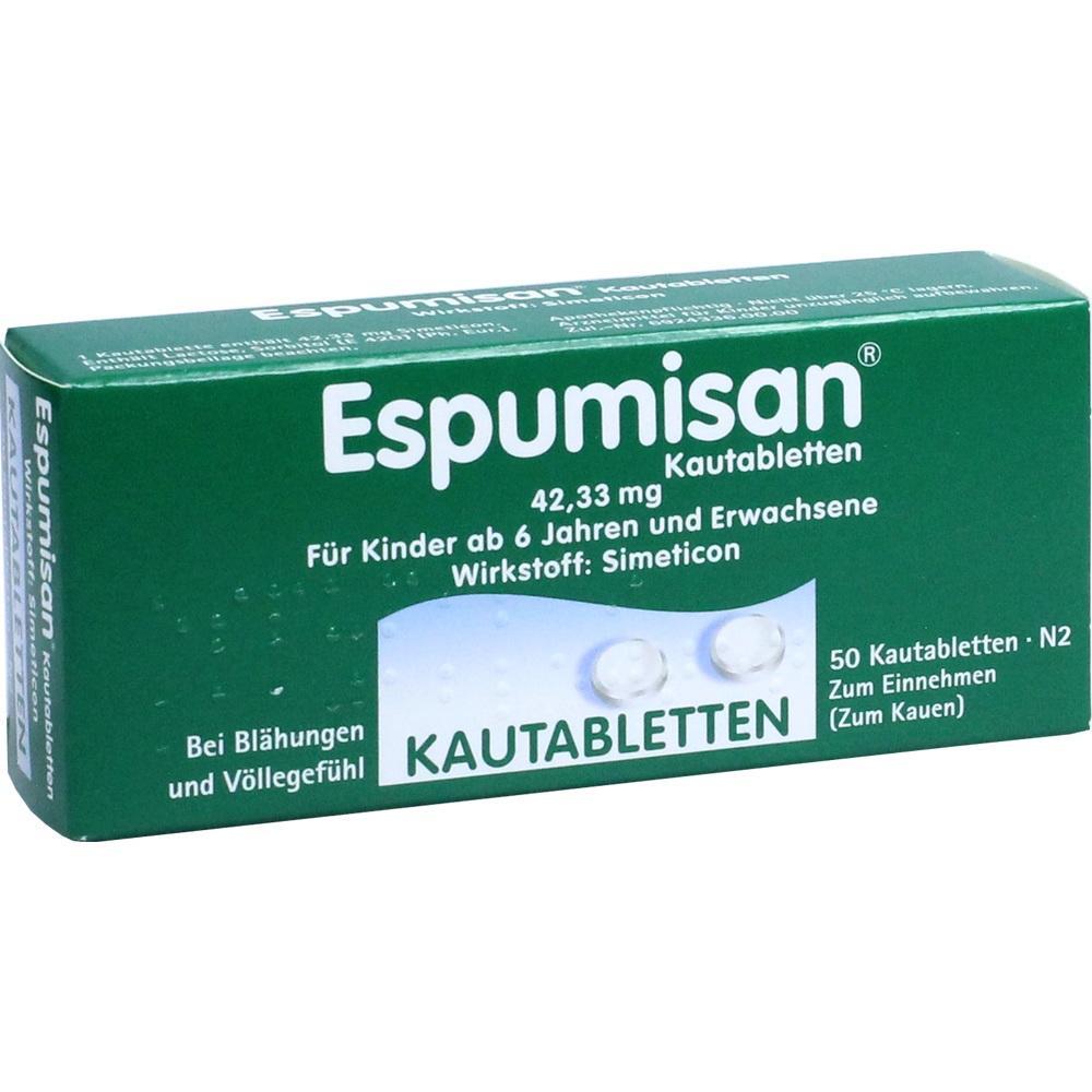 Gr&uuml;ne Packung Espumisan-Kautabletten gegen Bl&auml;hungen und V&ouml;llegef&uuml;hl.