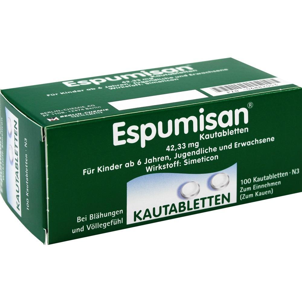 Gr&uuml;ne Verpackung von Espumisan Kautabletten gegen Bl&auml;hungen.