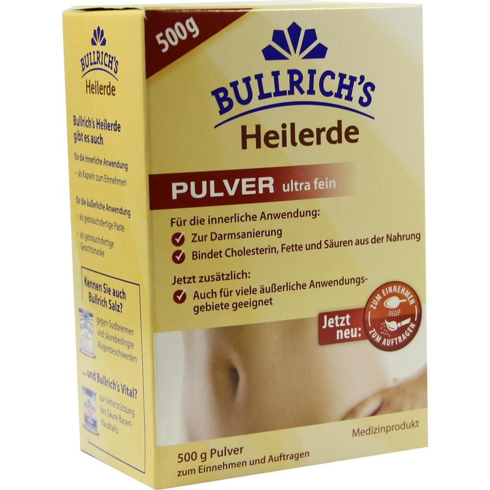 Verpackung von Bullrich's Heilerde Pulver für innere und äußere Anwendung, 500g.