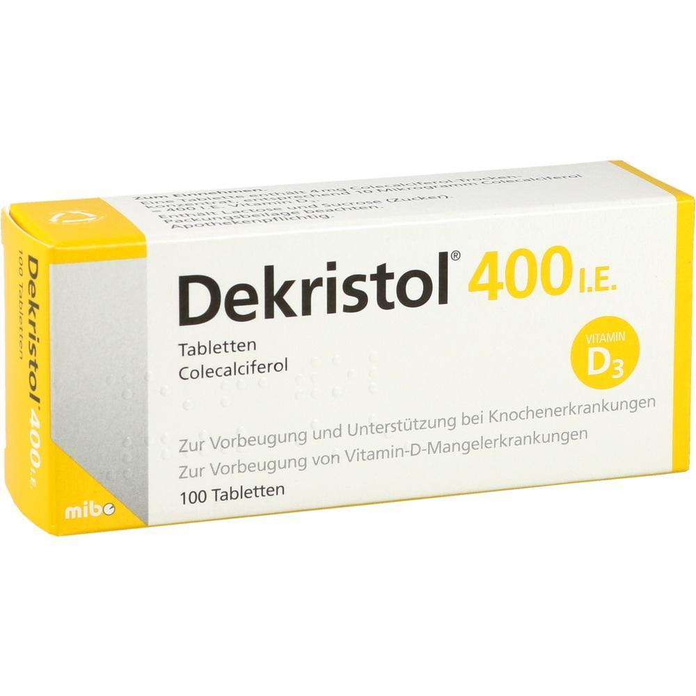 Eine Packung Dekristol 400 I.E.-Tabletten mit Vitamin D3.