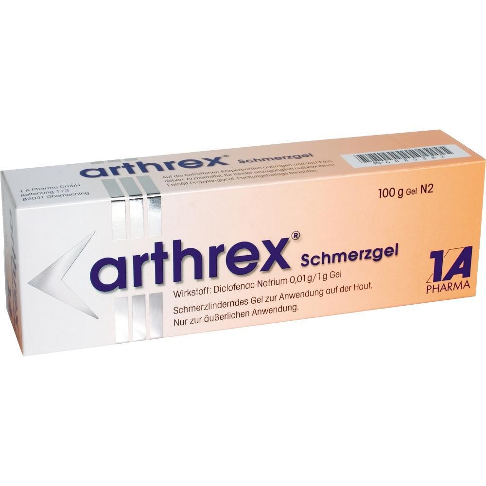 Eine Packung Arthrex Schmerzgel, ein schmerzlinderndes Gel zur äußerlichen Anwendung.