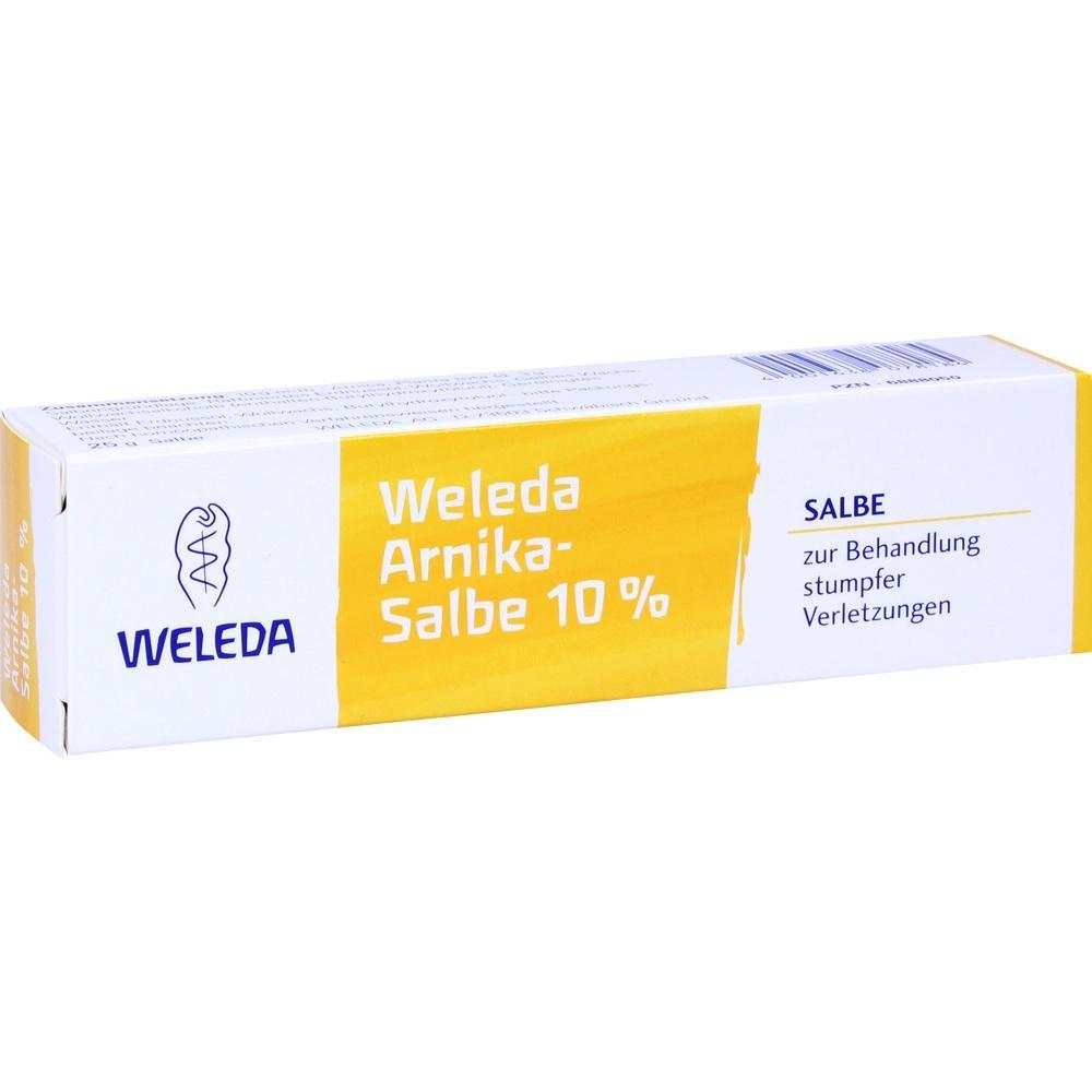 Gelbe und weiße Verpackung einer Weleda Arnika-Salbe zur Behandlung von Verletzungen.