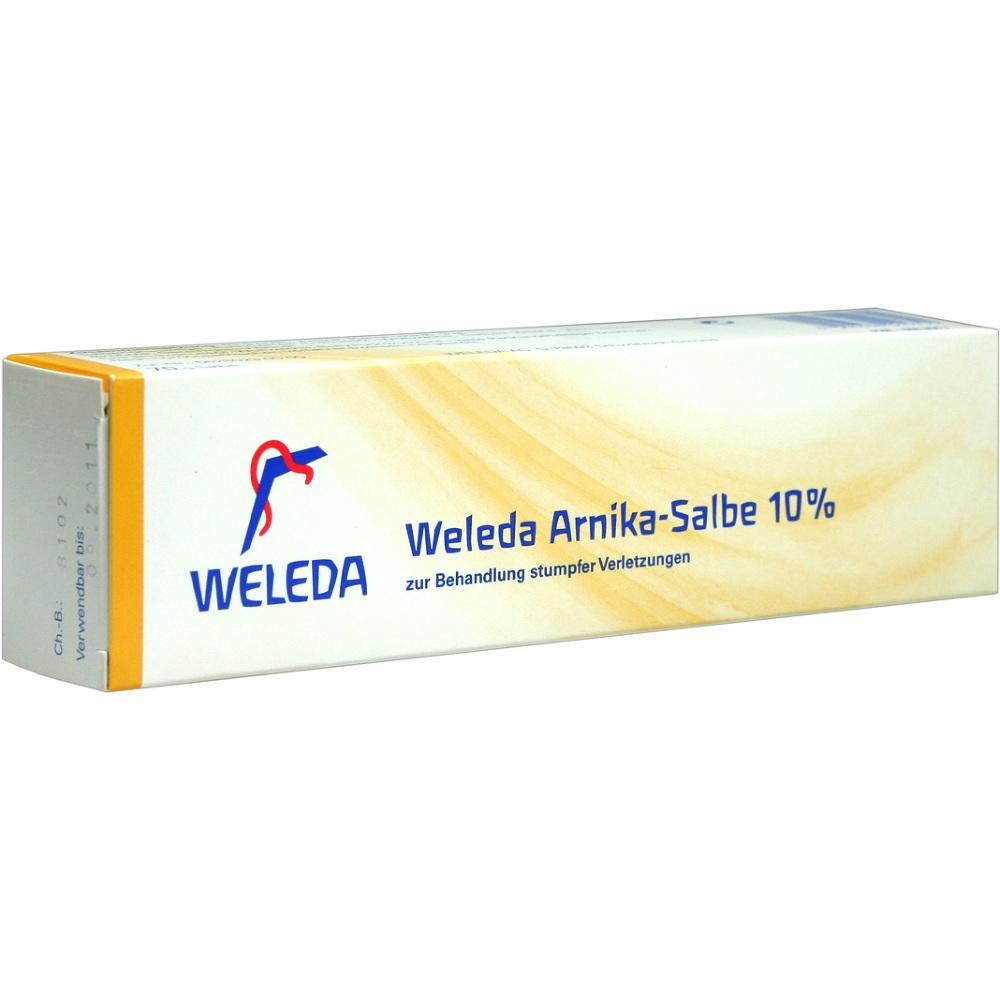 Eine weiße Schachtel mit Weleda Arnika-Salbe zur Behandlung von Verletzungen.